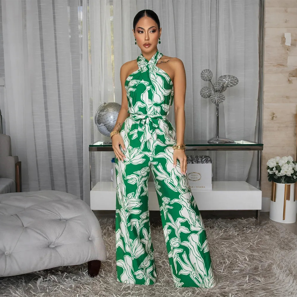 Women Flower Print Jumpsuits Lace Up Rompers Full Lenth Sleeveless Top High Waist Wide Leg Pants Thin Slim Casual 2026 Summer