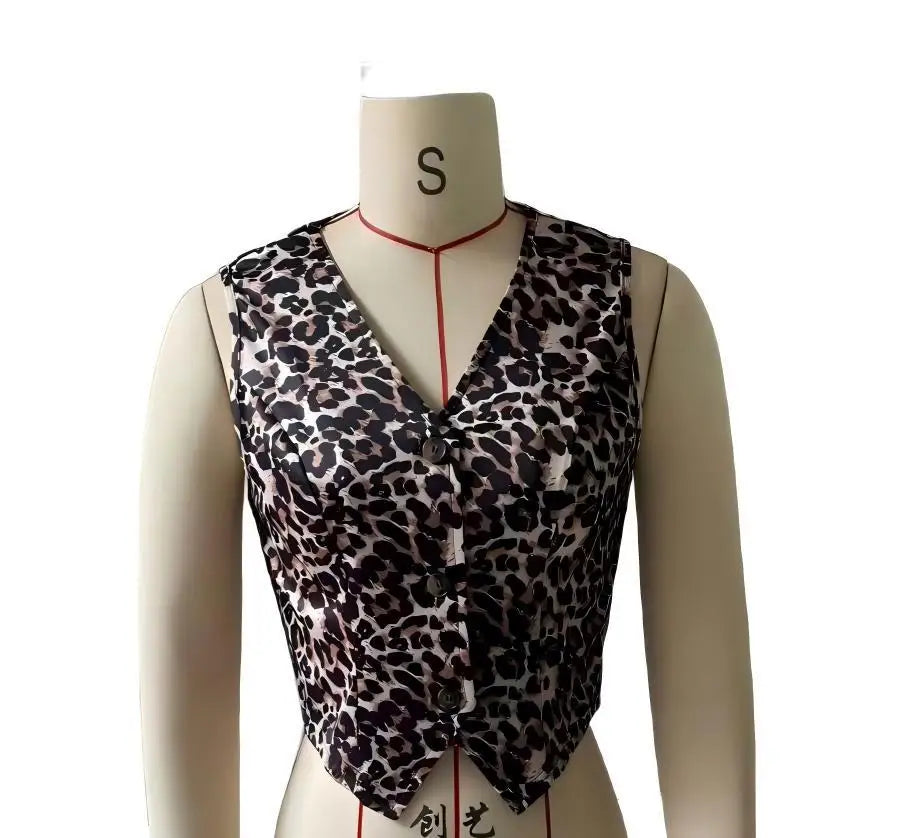Women Leopard Print Vest Sleeveless V Neck Single Breasted Slim Fit Casual Waistcoat Fashion Vintage Tank Top