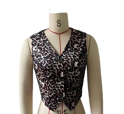 Women Leopard Print Vest Sleeveless V Neck Single Breasted Slim Fit Casual Waistcoat Fashion Vintage Tank Top