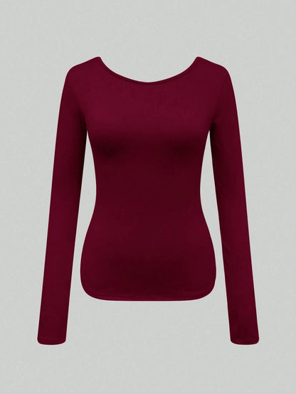 Ladies Solid Color Round Neck Long Sleeve T-Shirt Slim Fit Casual Style Daily Top Comfortable Fashionable Backless Design