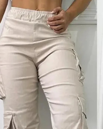 Women's fashion solid color pocket high waist elastic work pants
