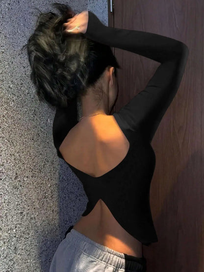 Ladies Solid Color Round Neck Long Sleeve T-Shirt Slim Fit Casual Style Daily Top Comfortable Fashionable Backless Design
