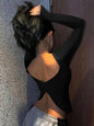 Ladies Solid Color Round Neck Long Sleeve T-Shirt Slim Fit Casual Style Daily Top Comfortable Fashionable Backless Design