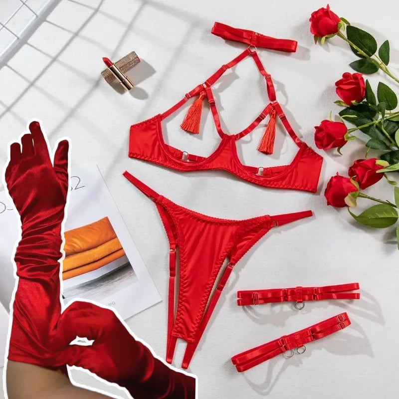 Toucheart Sexy Female Lingerie Tassel Lingerie Set Women Out Sexy Erotic Set Solid Brief Tassel Hot Temptation Women's Underwear