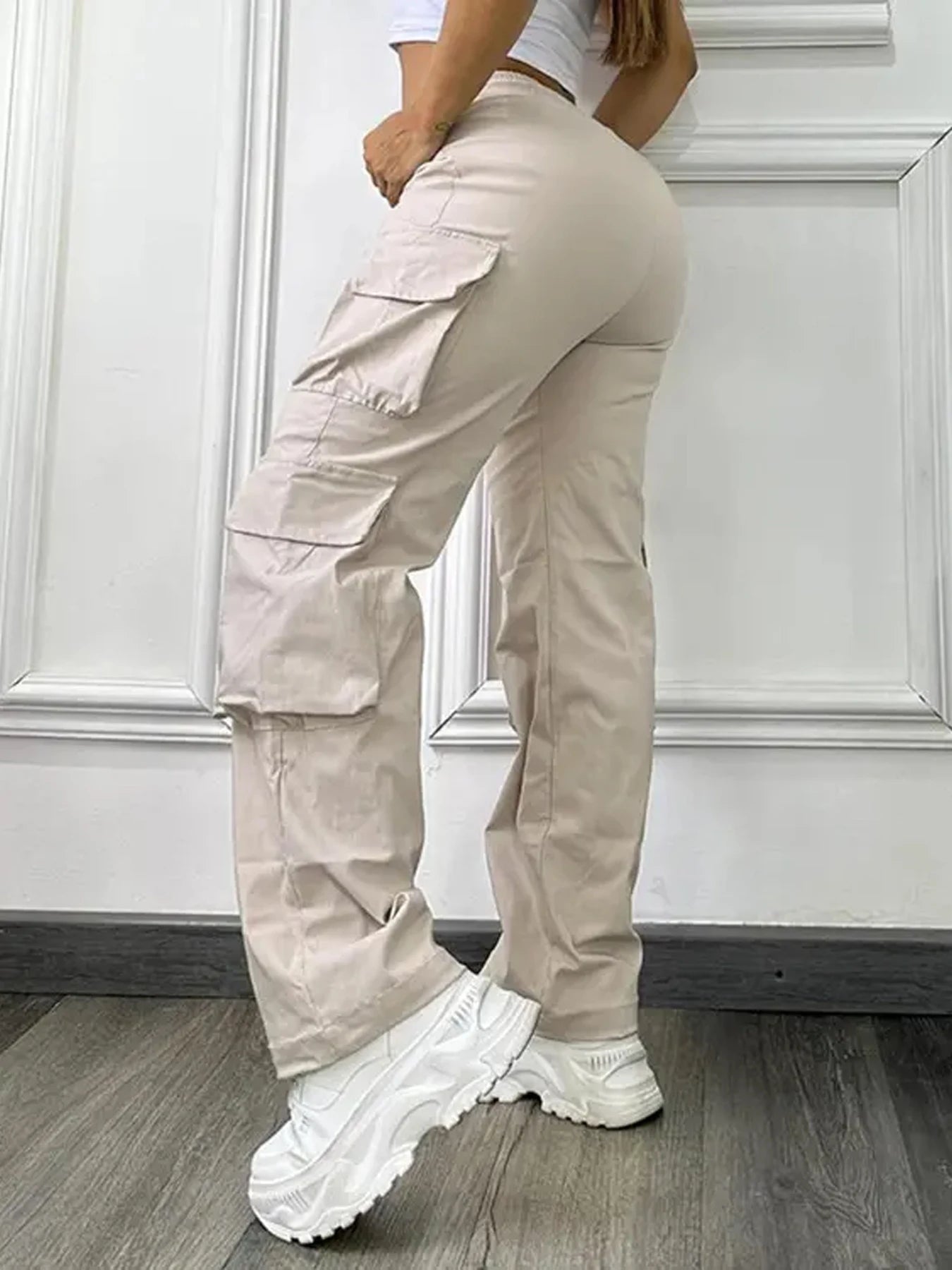 Women's fashion solid color pocket high waist elastic work pants