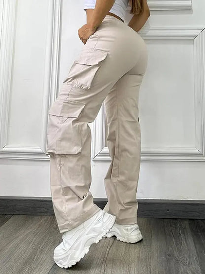 Women's fashion solid color pocket high waist elastic work pants