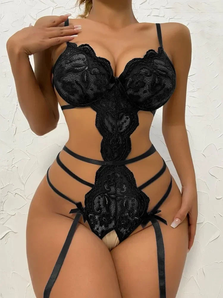 Women’s Sexy Lace Lingerie Set – Sheer Ruffle Bra & Strappy High-Waist Thong, Elegant Transparent Underwear