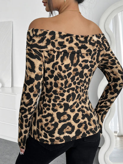 Fashionable women's shirt casual sexy leopard print half shoulder long sleeved pullover T-shirt for women 2025