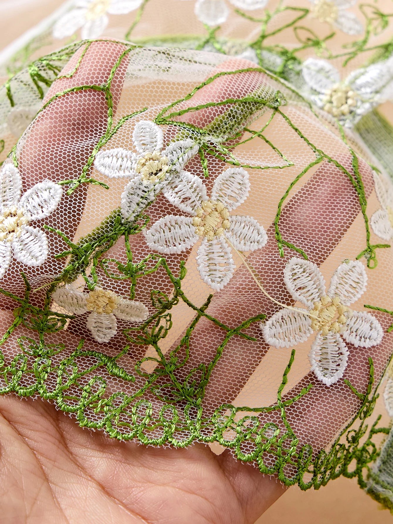 Green Daisy Floral Embroidery Sheer Mesh Lingerie Set Women Heart Rhinestone Cut Out Underwire Bra Matching Panty Intimates