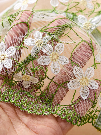 Green Daisy Floral Embroidery Sheer Mesh Lingerie Set Women Heart Rhinestone Cut Out Underwire Bra Matching Panty Intimates