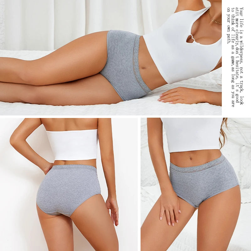5PCS/Set Cotton Panties Women's High Waist Briefs Seamless Cozy Lingerie Lace Waist Sexy Panties Solid Color Intimate Underpants