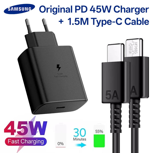 45W Original Samsung Charger Fast Charge Type C Adapter 1.5M Cable for Galaxy S26 S25 Ultra S24 S23 S22 S21 A57 A56 A55 A54 Tab