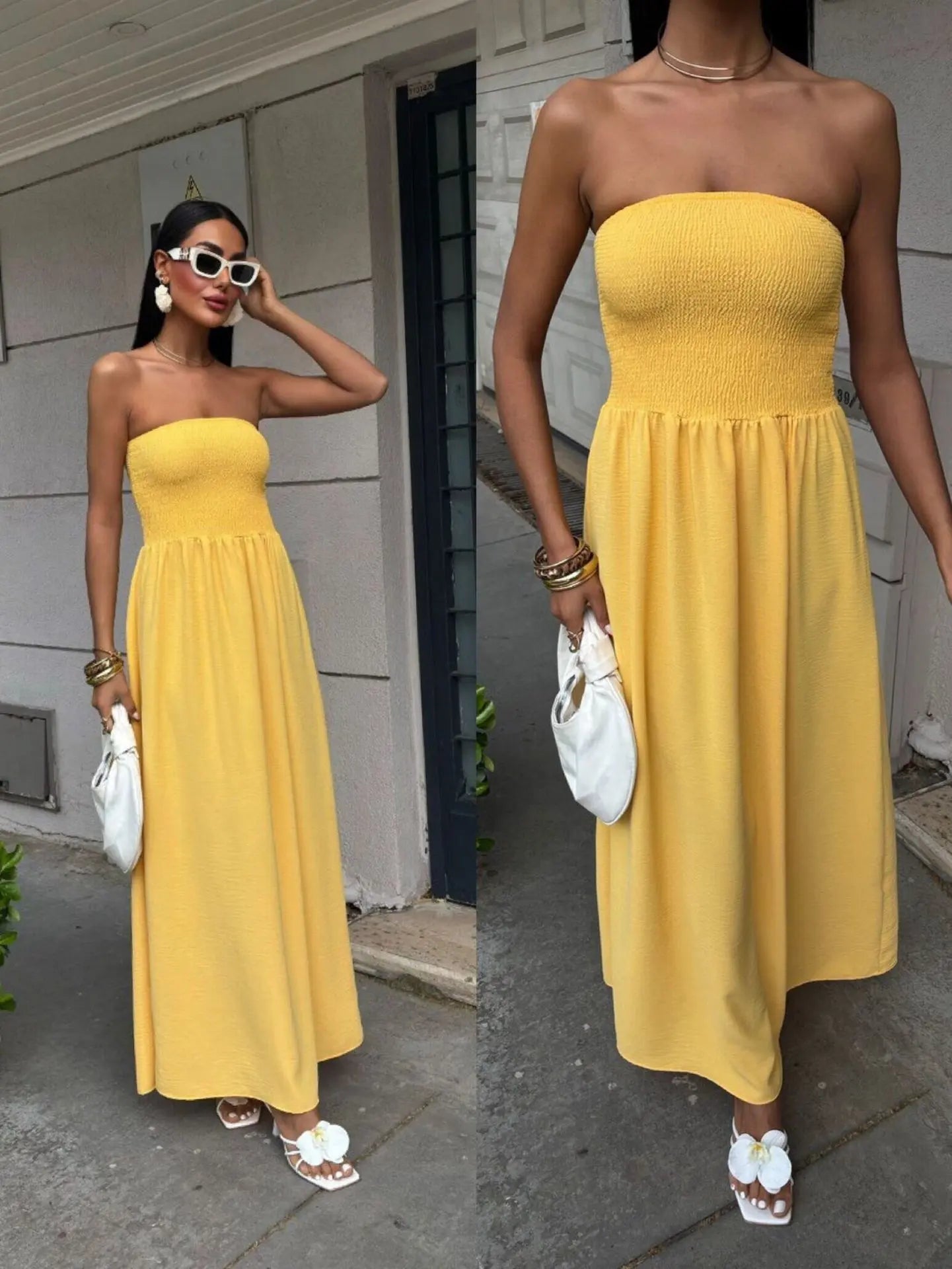 2026 New Summer Fashion Solid Color Off-Shoulder Strapless Waist-Cinching Long Dress for Women