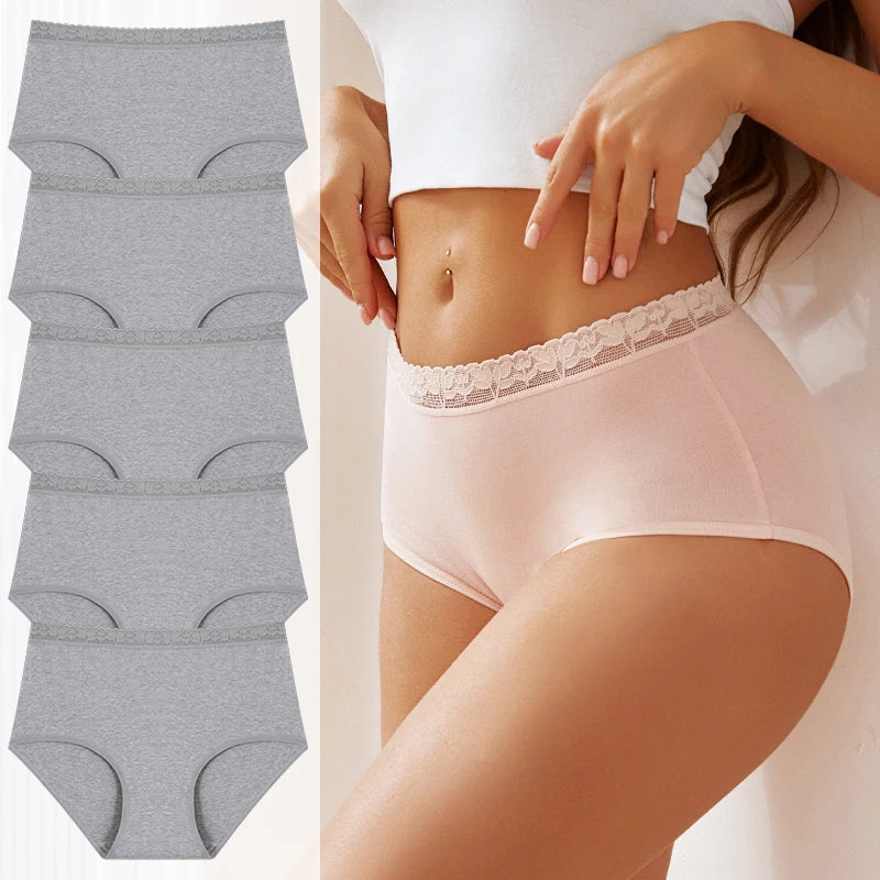 5PCS/Set Cotton Panties Women's High Waist Briefs Seamless Cozy Lingerie Lace Waist Sexy Panties Solid Color Intimate Underpants