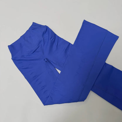 Vision Flares Women Seamless Crossover V-Shape Ribbed Waistband Flared Leg Pants Fitness Workout Gym Wide Leg Leggings