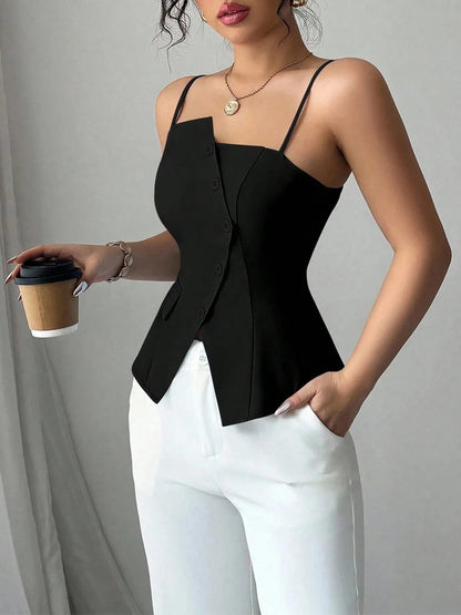Womens Cami Top Thin Strap Asymmetric Button Cami Top Button Blazer Vest Fit Elegant Chic Apparel Tops Spring Summer Daily Shirt