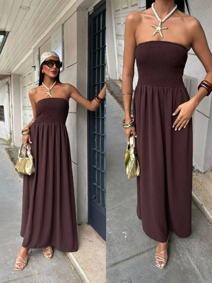 2026 New Summer Fashion Solid Color Off-Shoulder Strapless Waist-Cinching Long Dress for Women
