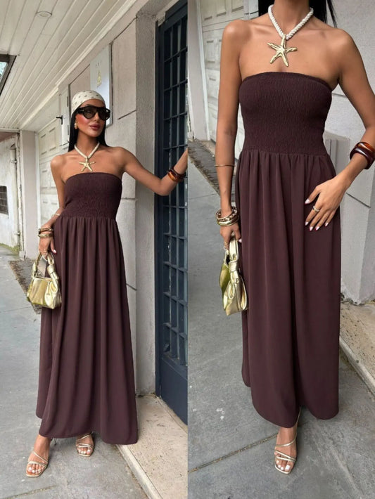 2026 New Summer Fashion Solid Color Off-Shoulder Strapless Waist-Cinching Long Dress for Women
