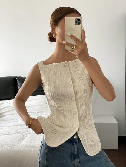 Women's summer sleeveless geometric texture single breasted casual shirt