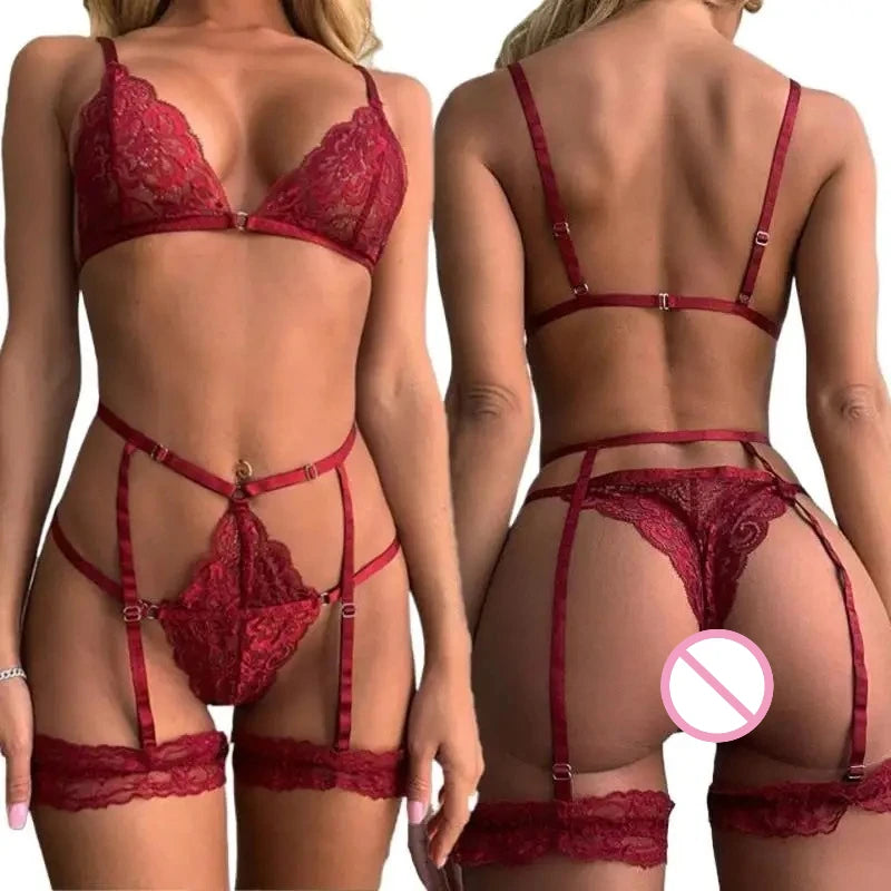 Sexy Bra Panty And Garters Lingerie Sexual Outfit Hot Transparent Wine Red Lace Exotic Women's Underwear Bra Set Erotic Costumes