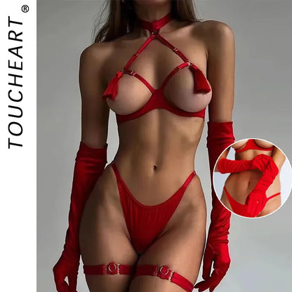 Toucheart Sexy Female Lingerie Tassel Lingerie Set Women Out Sexy Erotic Set Solid Brief Tassel Hot Temptation Women's Underwear