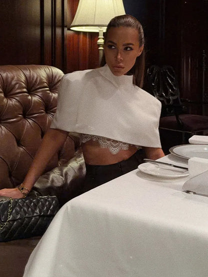 Elegant Women Shawl Cropped Top Shoulder Pads Stand Collar Short Sleeve Black Female T-shirt 2026 Spring Summer Lady Partywear