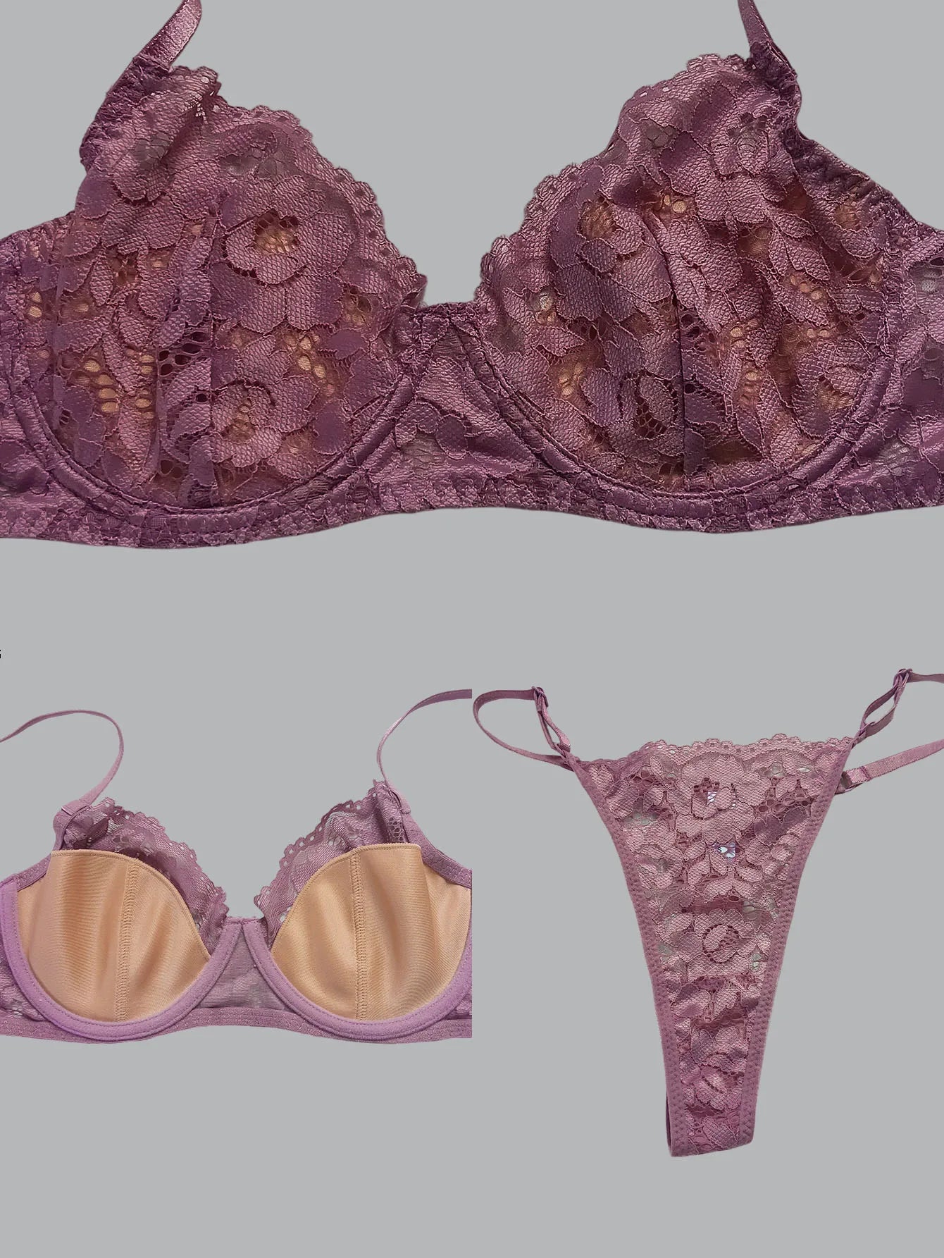 Sexy Underwire Push Up Scallop Floral Lace Sheer Lingerie Set for Women Bra and Panty 2 Piece