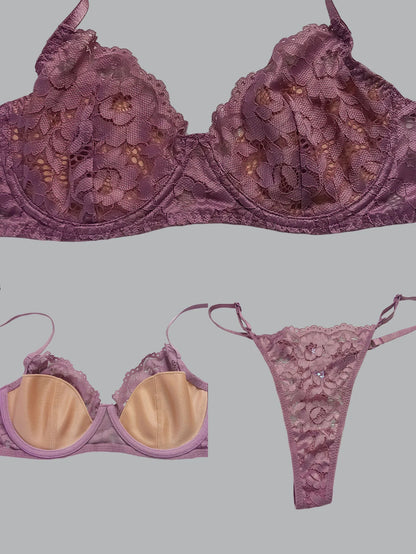 Sexy Underwire Push Up Scallop Floral Lace Sheer Lingerie Set for Women Bra and Panty 2 Piece