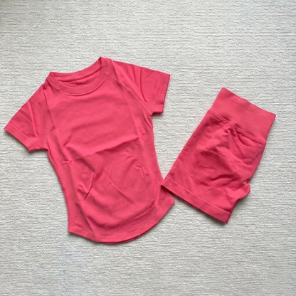 Gym Shirt Shorts 2-Piece Gym Set Women Seamless Raglan Sleeve Top And 4.5" Ribbed Waistband Shorts Fitness 2pcs Workout Set