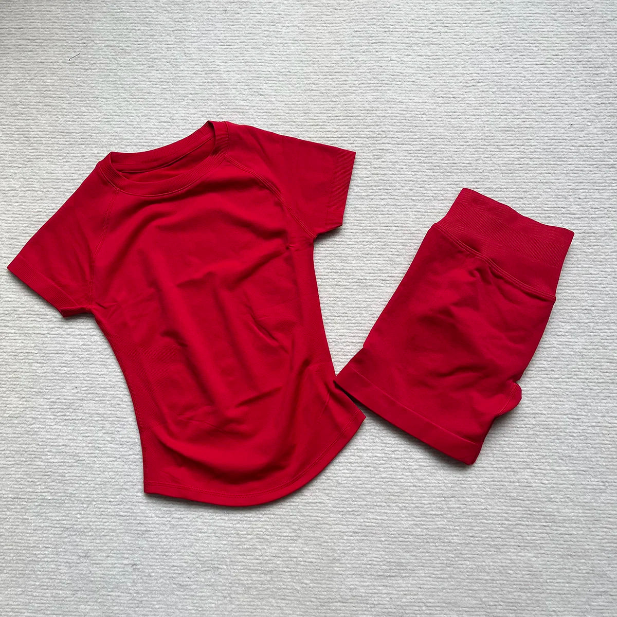 Gym Shirt Shorts 2-Piece Gym Set Women Seamless Raglan Sleeve Top And 4.5" Ribbed Waistband Shorts Fitness 2pcs Workout Set