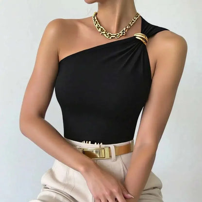 Ladies Black Single Shoulder Elastic Knitted Top with Gold Details Trendy Tight Fit Sexy Party Shirt for Night out