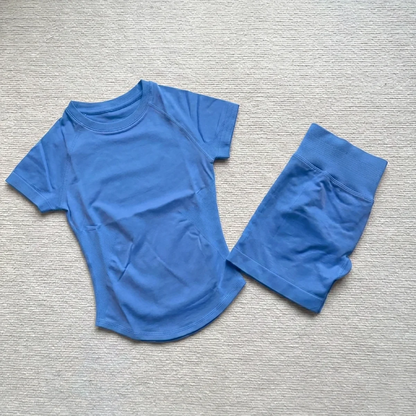 Gym Shirt Shorts 2-Piece Gym Set Women Seamless Raglan Sleeve Top And 4.5" Ribbed Waistband Shorts Fitness 2pcs Workout Set