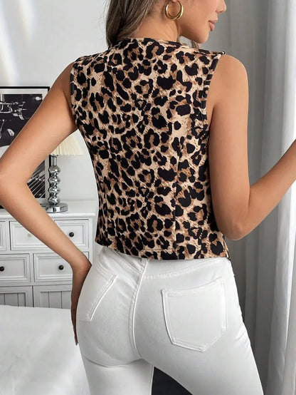Women Leopard Print Vest Sleeveless V Neck Single Breasted Slim Fit Casual Waistcoat Fashion Vintage Tank Top