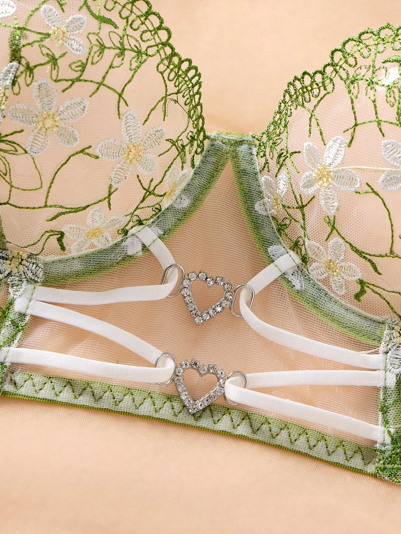 Green Daisy Floral Embroidery Sheer Mesh Lingerie Set Women Heart Rhinestone Cut Out Underwire Bra Matching Panty Intimates