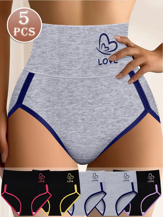 5pcs Women's Mid-Rise Briefs, Elegant Colorblock Design with Pink Accents, Comfortable Tummy Control Waist Cincher, Polye