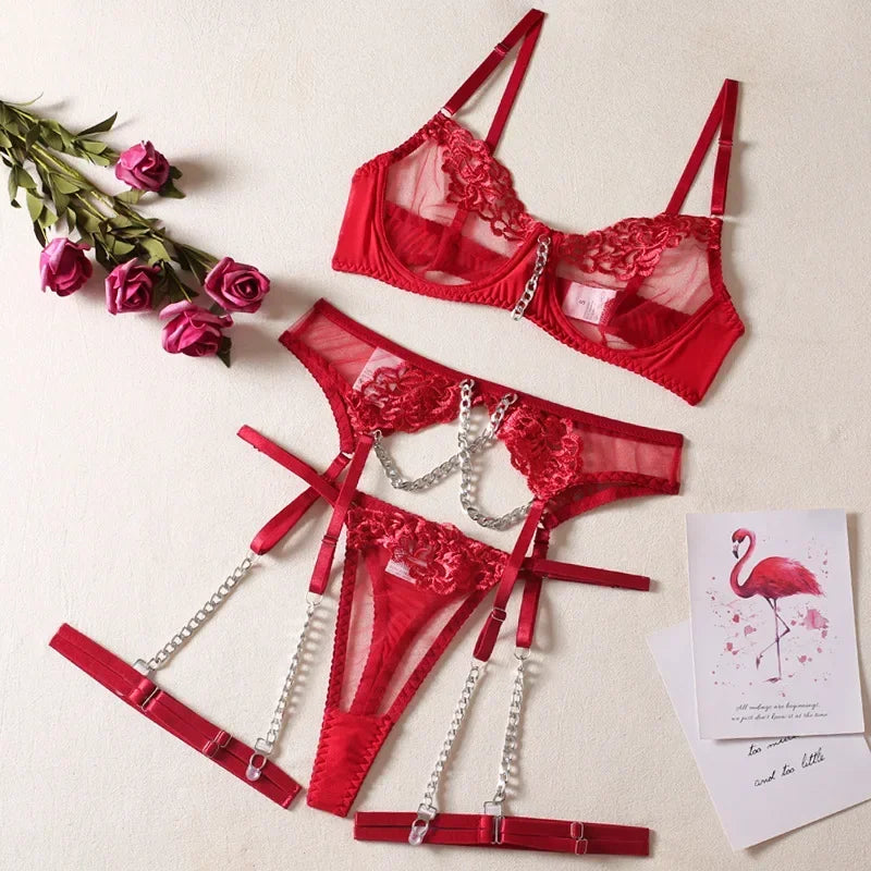 Toucheart 4-Piece Set Sexy Lingerie Metal Chain Embroidered Printing Perspective Sexy Hollow Out Lingerie Garter Kit Sexy Adult