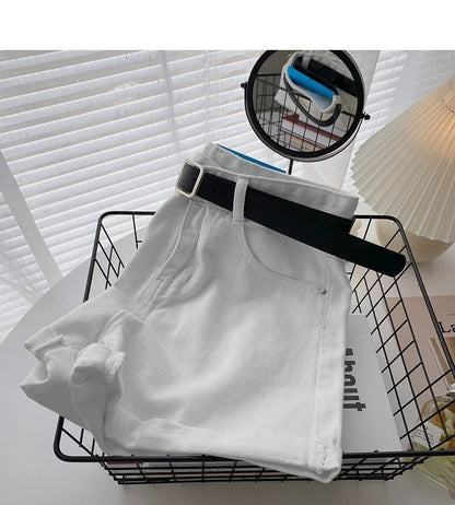 Korean Summer Wide Leg High Waist Denim Shorts With Belt Women Fashion Pocket Hot Pants Streetwear Casual Cowboy Jeans Shorts