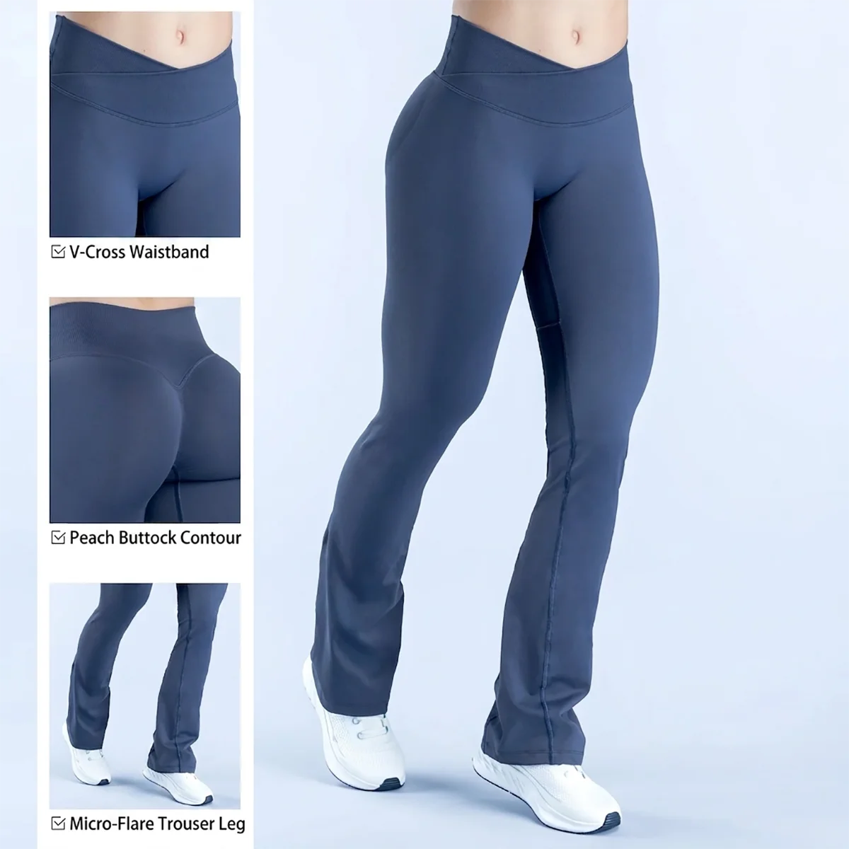 Vision Flares Women Seamless Crossover V-Shape Ribbed Waistband Flared Leg Pants Fitness Workout Gym Wide Leg Leggings