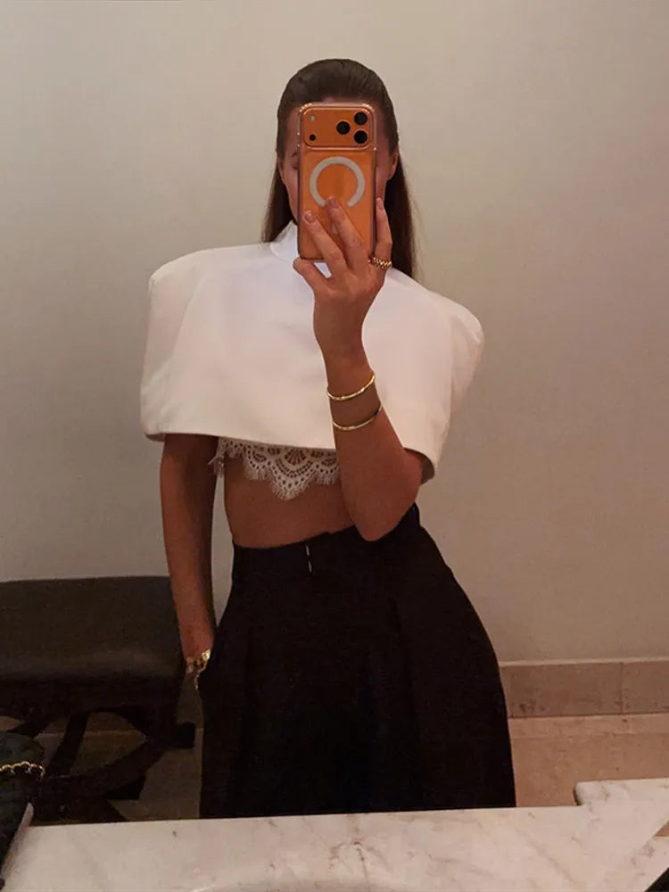 Elegant Women Shawl Cropped Top Shoulder Pads Stand Collar Short Sleeve Black Female T-shirt 2026 Spring Summer Lady Partywear