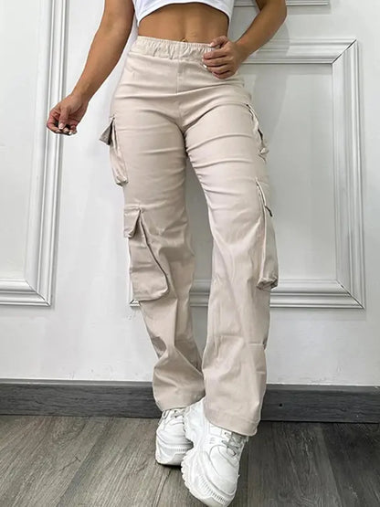 Women's fashion solid color pocket high waist elastic work pants