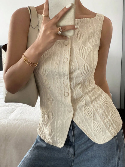Women's summer sleeveless geometric texture single breasted casual shirt