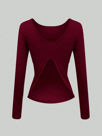 Ladies Solid Color Round Neck Long Sleeve T-Shirt Slim Fit Casual Style Daily Top Comfortable Fashionable Backless Design