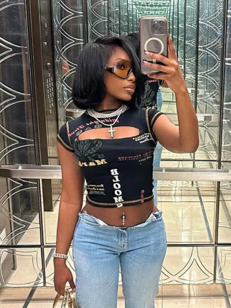 Hollow Out Crop Top Women Summer Aesthetic Clothes Printing Y2k Accessories O-Neck Ropa De Mujer Sexy Roupas Femininas Estilosas