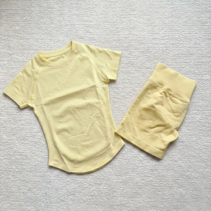 Gym Shirt Shorts 2-Piece Gym Set Women Seamless Raglan Sleeve Top And 4.5" Ribbed Waistband Shorts Fitness 2pcs Workout Set