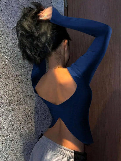 Ladies Solid Color Round Neck Long Sleeve T-Shirt Slim Fit Casual Style Daily Top Comfortable Fashionable Backless Design