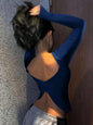 Ladies Solid Color Round Neck Long Sleeve T-Shirt Slim Fit Casual Style Daily Top Comfortable Fashionable Backless Design