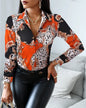 Women Fashion Wild Shirts Chain/Floral/Letter/Geometric Square Print Turn-Down Collar Long Sleeve Blouses