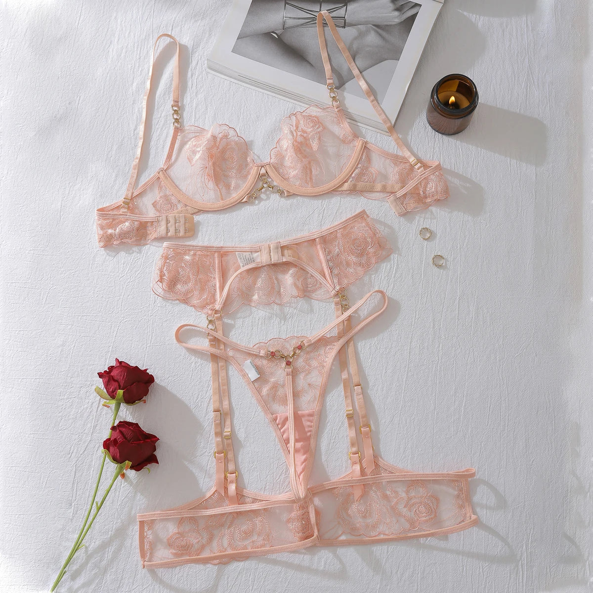 Fancy Lingerie Floral Lace Ensemble Brazilian Underwear Attractive Chest Suspenders Sexy Hot Sissy Outfit See Through Bra Sets