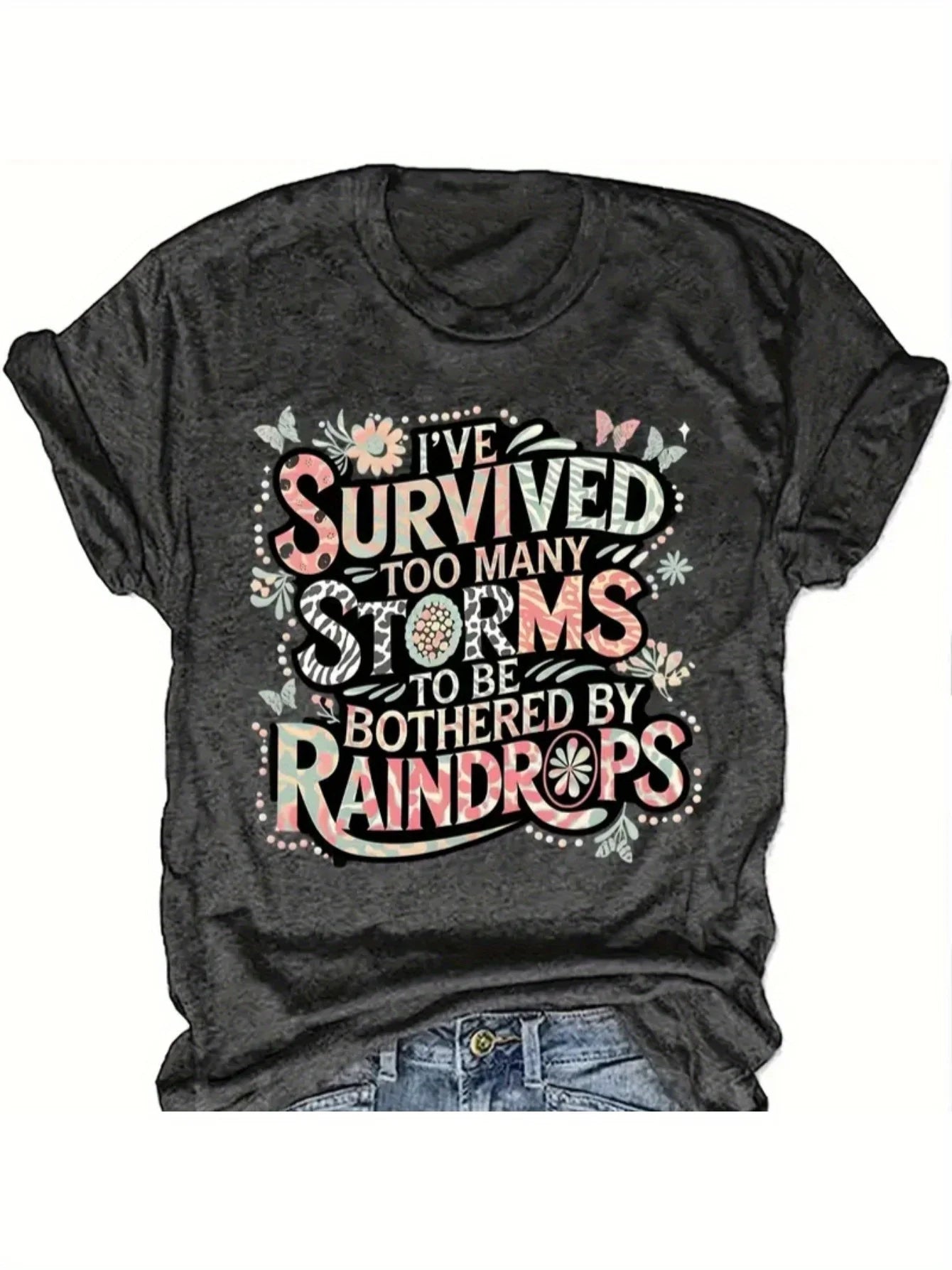 Survived Too Many Storms Women's Tee, Floral Butterfly Graphic Dark Grey Top
