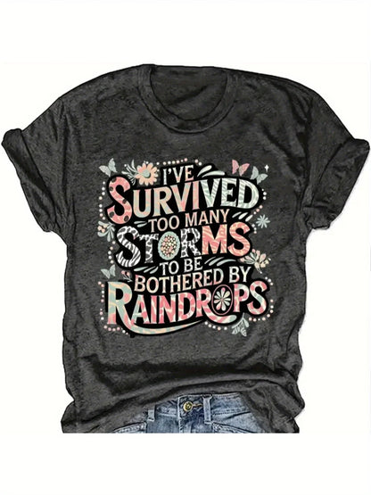 Survived Too Many Storms Women's Tee, Floral Butterfly Graphic Dark Grey Top
